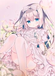 1girl :o azumi_kazuki blowing_bubbles blue_eyes bow breasts brown_hair brown_shoes commentary_request convenient_leg dress frilled_dress frills hair_between_eyes hair_bow hair_ornament hairclip highres holding knees_together_feet_apart knees_up long_hair looking_at_viewer original parted_lips puffy_short_sleeves puffy_sleeves shoes short_sleeves sitting small_breasts solo thighhighs two_side_up very_long_hair white_bow white_dress white_thighhighs wrist_cuffs