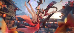 1girl :d architecture armpits artist_name bare_legs bell black_choker black_footwear black_sash breasts brown_hair character_name choker detached_sleeves dress east_asian_architecture falling fireworks floating_hair flower-shaped_pupils fox_mask full_body glowing glowing_eyes highres honkai:_star_rail honkai_(series) kendama knees_up koi legs_up long_hair looking_at_viewer mask mask_on_head medium_breasts neck_bell open_mouth outstretched_arms pink_eyes rain_sama red_dress red_sleeves right_shoe_removed sash shoe_loss sidelocks smile solo sparkle_(honkai:_star_rail) spread_arms sunrise symbol-shaped_pupils twintails
