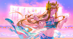 1girl absurdres alternate_costume arknights blonde_hair breasts cleavage fireworks highres looking_at_viewer lyuqiu medium_breasts mole mole_under_eye muelsyse_(arknights) navel open_mouth scenery smile solo swimsuit teeth upper_body upper_teeth_only