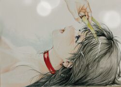 1girl 1other absurdres bishoujo_senshi_sailor_moon black_hair blue_eyes choker commentary_request earrings highres hino_rei jewelry katsu_(24791909) long_hair lying marker_(medium) nude on_back open_mouth red_choker sailor_mars saliva suggestive_fluid traditional_media upper_body