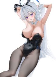Rule 34 | 1girl, absurdres, animal ears, armpits, arms behind head, arms up, bare arms, bare shoulders, black hairband, black leotard, black pantyhose, blue archive, blue leotard, blush, breasts, cleavage, closed mouth, collarbone, commentary, covered navel, cowboy shot, detached collar, fake animal ears, grey hair, grey halo, hair behind ear, hair lift, hair tie in mouth, hairband, halo, highleg, highleg leotard, highres, lanhua227, large breasts, leotard, long hair, looking at viewer, mechanical halo, mouth hold, noa (blue archive), pantyhose, playboy bunny, purple eyes, rabbit ears, side-tie leotard, simple background, sitting, skindentation, solo, strapless, strapless leotard, tying hair, very long hair, white background, wrist cuffs