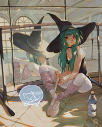 1girl ballerina ballet_slippers bandaid bandaid_on_face black_hat black_leotard bottle breasts brown_eyes cat cleavage green_hair hat highres indoors leotard long_hair medium_breasts mirror original pantyhose reflection simz sitting socks solo water_bottle white_pantyhose witch_hat