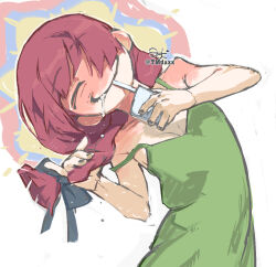 1girl aura black_bow black_nails blush bocchi_the_rock! bow braid braided_ponytail breasts cleavage closed_eyes dress drinking dripping facing_viewer green_dress hair_bow hair_over_one_eye hiroi_kikuri holding holding_carton holding_own_hair leaning_to_the_side liquid_from_mouth long_hair nose_blush one_eye_covered pinky_out red_hair shoulder_blush signature simple_background sleeveless sleeveless_dress small_breasts smile solo spaghetti_strap strap_slip twitter_username upper_body white_background yuuo_(tmdaxx)
