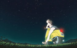 00s 1girl :o ahoge ass back bent_over bikini bikini_top_only blue_eyes denim denim_shorts feet female_focus flcl from_behind grass green_eyes haruhara_haruko high_heels highres kneepits legs long_hair looking_up motor_vehicle mountain night night_sky nikerabi open_mouth open_shoes outdoors pink_hair ponytail sandals scooter shoes short_shorts shorts sky solo star_(sky) star_(symbol) starry_sky swimsuit vehicle vespa