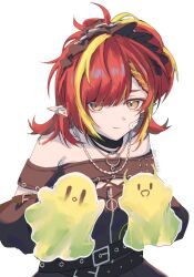 1girl arknights bandaid bandaid_on_face bare_shoulders black_bonnet black_choker black_dress bonnet braid brown_eyes choker commentary_request detached_sleeves dress earrings green_hair hand_puppet highres jewelry long_hair looking_at_viewer multicolored_hair pointy_ears puppet puppet_dancer_(arknights) red_hair shi_c0d6d6 simple_background smile solo streaked_hair tecno_(arknights) white_background