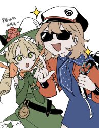 +_+ 2girls :o absurdres backpack bag bare_shoulders blonde_hair blue_dress blue_neckerchief bow brown_hair cabbie_hat chin_strap chinese_text dress drill_hair elbow_gloves flower gloves green_dress green_gloves green_hat hand_up hands_up hat hat_feather hat_flower highres holding_strap index_finger_raised interlocked_fingers iris769675331 jacket long_hair long_sleeves looking_at_another low_twintails multiple_girls neckerchief open_mouth orange_bow own_hands_together picture_hat polka_dot_neckerchief red_jacket regulus_(reverse:1999) reverse:1999 sleeveless sleeveless_dress smile sotheby sparkle sunglasses twin_drills twintails upper_body white_background