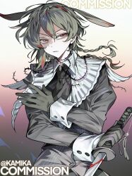 Rule 34 | 1girl, annoyed, blood, bloody weapon, braid, collared shirt, colored tips, frilled shirt, frills, from above, furrowed brow, gloves, gradient background, grey hair, hair between eyes, head tilt, highres, holding, holding sword, holding weapon, jacket, jitome, kamika, katana, long sleeves, looking at viewer, messy hair, multicolored hair, multiple braids, neck ruff, necktie, official art, original, red eyes, scowl, serious, shirt, short hair, side braid, sleeve cuffs, sleeves past wrists, solo focus, spiked hair, streaked hair, suit jacket, sword, tachi-e, text focus, tsurime, upper body, vignetting, weapon