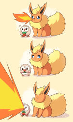 beak blue_eyes breath_weapon breathing_fire commentary creatures_(company) eating english_commentary fire flamethrower_(pokemon) flareon game_freak gen_1_pokemon gen_7_pokemon highres isso_(thatsquirrelly) nintendo no_humans notice_lines parted_lips pokemon pokemon_(creature) rowlet tagme yellow_background