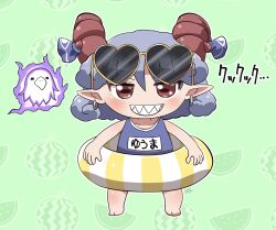 1girl barefoot blue_hair blue_ribbon blush chibi chibi_only commentary_request curly_hair eagle_spirit_(touhou) earrings full_body green_background grin horn_ornament horn_ribbon horns innertube jewelry looking_at_viewer open_mouth pointy_ears red_eyes red_horns ribbon rokugou_daisuke school_swimsuit sharp_teeth sheep_horns short_hair signature single_earring smile solo standing swim_ring swimsuit teeth touhou toutetsu_yuuma