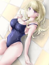 Rule 34 | 1girl, ahoge, akamatsu kaede, bare shoulders, blonde hair, breasts, cleavage, covered erect nipples, cowboy shot, danganronpa (series), danganronpa v3: killing harmony, fortissimo, groin, hair ornament, highres, large breasts, long hair, moon (moon0771110), musical note, musical note hair ornament, tile wall, tiles