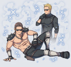 Rule 34 | 2boys, albert wesker, armor, bara, belt, black gloves, black hair, black pants, black shirt, blonde hair, blush, brown belt, chris redfield, closed mouth, fingerless gloves, gloves, highres, jewelry, kalamari, large pectorals, male focus, multiple boys, muscular, muscular male, necklace, pants, pectorals, resident evil, resident evil 5, shirt, short hair, shoulder armor, shoulder spikes, smile, spikes, sunglasses, topless male