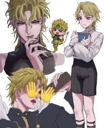 Rule 34 | 1boy, aged down, bishounen, black nails, blonde hair, book, closed mouth, dio brando, drinking, earrings, fingernails, full body, green lips, headband, highres, holding, holding book, hugging book, hugging object, jewelry, jojo no kimyou na bouken, jojo yumo, long fingernails, long hair, long sleeves, multiple expressions, multiple views, nail polish, phantom blood, red eyes, sharp fingernails, smile, standing, stardust crusaders