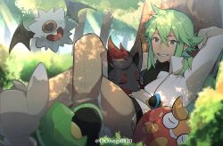 1boy against_tree arm_behind_head artist_name black_shirt blue_fur brown_pants buck_teeth bush closed_eyes commentary covered_eyes crossed_legs dappled_sunlight darumaka flying gen_5_pokemon green_eyes green_hair hair_between_eyes highres jewelry light_rays long_hair minccino n_(pokemon) nintendo on_lap open_mouth ou_negi outdoors pants pendant pokemon pokemon_(creature) pokemon_bw pokemon_on_lap sewaddle shirt shirt_under_shirt shoes sitting sleeping sleeping_on_person smile standing sunbeam sunlight teeth tree tree_shade twitter_username white_shirt woobat zorua