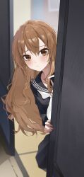 1girl absurdres aisaka_taiga black_sailor_collar black_serafuku black_shirt black_skirt blush brown_eyes brown_hair closed_mouth doorway eimizzzzz hand_on_wall highres indoors long_hair long_sleeves looking_at_viewer messy_hair neckerchief oohashi_high_school_uniform peeking_out pleated_skirt sailor_collar school_uniform serafuku shirt skirt solo standing tatami toradora! white_neckerchief