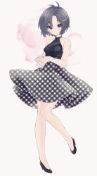 1girl antenna_hair ayuko_ammobium bare_arms black_dress black_eyes black_hair breasts checkered_clothes checkered_dress closed_mouth dress earrings full_body hair_ornament hairclip halter_dress halterneck highres idolmaster idolmaster_(classic) jewelry kikuchi_makoto leg_up looking_at_viewer short_hair single_earring sleeveless sleeveless_dress smile solo standing standing_on_one_leg tomboy white_background