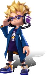 1boy 3d adjusting_eyewear artist_request black_pants blonde_hair blue_coat blue_shirt blue_shoes blue_sleeves burton_(ninjala) capri_pants child closed_mouth coat cross-laced_shoes fingernails fluffy_hair full_body glasses gungho headphones highres laces lapels logo_print long_shirt long_sleeves male_focus multicolored_shoes ninjala notched_lapels official_art orange_shoes pants print_shirt purple-framed_eyewear purple_eyes second-party_source semi-rimless_eyewear shirt shoes short_hair sidelighting smile sneakers solo striped_sleeves toon_(style) transparent_background two-sided_coat two-sided_fabric two-sided_sleeves two-tone_shoes vertical-striped_sleeves