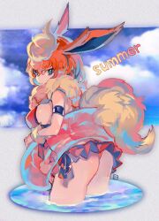 Rule 34 | 1girl, animal ears, ass, bikini, blue eyes, blue sky, breasts, cloud, commentary request, cropped legs, crossed bangs, day, flareon, gen 1 pokemon, hair between eyes, innertube, kantarou (8kan), large breasts, looking at viewer, nintendo, orange bikini, orange hair, personification, pokemon, sky, solo, standing, summer, swim ring, swimsuit, thighs