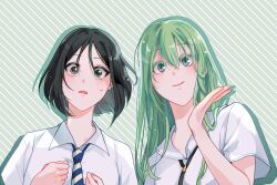 Rule 34 | 2girls, black hair, breasts, commentary request, diagonal-striped background, enkidu (sensha otoko) (fate), fate (series), green eyes, green hair, kassia, korean commentary, multiple girls, necktie, sensha otoko, shirt, small breasts, striped background, striped necktie, waver velvet, waver velvet (sensha otoko), white shirt