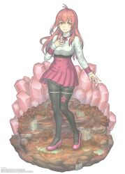 1girl aged_up ahoge alternate_costume ascot belt bracer commission commissioner_upload gofelem hand_on_own_chest highres long_sleeves momo_mizrahi pantyhose pink_hair platform pleated_skirt shoes simple_background skirt solo thighhighs turtleneck xenosaga yellow_eyes