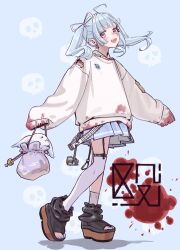 1girl absurdres alternate_costume amaui black_shoes blood blood_on_clothes blue_background blue_hair blue_skirt blunt_bangs blush full_body garter_straps hair_ribbon highres long_hair long_sleeves looking_at_viewer multicolored_hair nanashi_inc. none_(fan_774) open-toe_shoes open_mouth platform_shoes pleated_skirt purple_eyes rabbit ribbon shoes skirt smile solo sweater thighhighs twintails two-tone_hair virtual_youtuber white_ribbon white_sweater white_thighhighs
