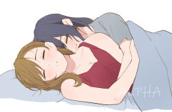 2girls alpha_(user_jxtj2385) bare_arms black_hair blush breasts brown_hair cleavage closed_eyes commentary_request cuddling grey_shirt hug hug_from_behind long_hair multiple_girls original parted_lips red_tank_top shirt short_sleeves sleeping tank_top under_covers yuri