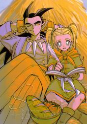 1boy 1girl antenna_hair arms_behind_head artist_name black_hair blonde_hair book boots bowl bread crossed_legs dragon_quest dragon_quest_builders_2 earrings female_builder_(dqb2) fingerless_gloves food gloves green_eyes green_ribbon hair_ribbon hakama haystack highres holding holding_book holding_quill hoop_earrings japanese_clothes jewelry loaf_of_bread long_hair mouth_hold mouyi neckerchief necklace one_eye_closed parted_lips pointy_ears quill red_eyes red_gloves red_hakama ribbon sample_watermark sidoh_(dqb2) sitting smile stalk_in_mouth tooth_necklace twintails watermark writing