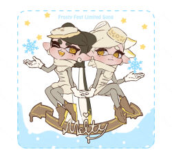 Rule 34 | 2girls, :3, album cover, album name, ankle boots, arm support, black hair, blonde hair, boots, border, bow-shaped hair, brown boots, callie (frostyfest) (splatoon), callie (splatoon), closed mouth, commentary request, coula cat, cover, cross-shaped pupils, crossed legs, cupping hand, cursive, dot nose, dress, dripping, earrings, english text, eye contact, fangs, food-themed hair ornament, full body, gloves, grey pantyhose, grey shirt, grin, hair ornament, head tilt, heads together, heart, highres, inkling, interlocked fingers, invisible chair, jewelry, jumpsuit, large ears, leather, leather boots, legs together, light blush, long hair, long sleeves, looking at another, looking to the side, marie (frostyfest) (splatoon), marie (splatoon), mole, mole under mouth, multicolored hair, multiple girls, nintendo, object floating above hand, one eye closed, open mouth, outstretched arm, pantyhose, pointy ears, ribbon, scarf, shirt, shirt under dress, short dress, short hair, short jumpsuit, side-by-side, sitting, smile, snowflakes, splatoon (series), splatoon 1, star (symbol), strapless, strapless dress, strapless jumpsuit, swept bangs, symbol-shaped pupils, tareme, tentacle hair, thick eyebrows, thick eyelashes, twitter username, two-tone hair, v-shaped eyebrows, very long hair, white border, white dress, white gloves, white hair, white jumpsuit, white scarf, yellow eyes
