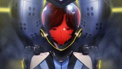 1girl assault_visor bare_shoulders blue_bodysuit bodysuit brown_eyes brown_hair clothing_cutout collarbone crack cracked_glass cracked_helmet cracked_mask cracked_visor exoskeleton fukuda_tomonori game_cg hair_over_shoulder helmet highres indoors lipstick long_hair looking_at_viewer makeup mature_female mecha_interior mecha_pilot_suit non-web_source official_art parted_bangs pilot piloting red_lips red_visor robotics;notes senomiya_misaki shiny_lips shoulder_cutout sitting skin_tight solo vertical-striped_bodysuit