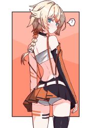 ? absurdres ass back backless_dress backless_outfit black_choker blonde_hair blue_eyes border braid cevio choker closed_mouth cowboy_shot detached_sleeves dress from_behind highres long_hair looking_at_viewer looking_back miniskirt noir_(noire6959) one_(cevio) orange_background orange_dress outside_border panties pantyshot pleated_dress short_dress single_detached_sleeve single_thighhigh skirt spoken_question_mark standing thighhighs underwear white_border zipper