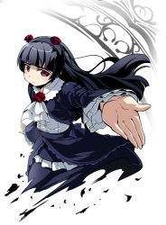 1girl black_hair dress foreshortening gokou_ruri gothic_lolita hand_up kubocha lolita_fashion long_hair ore_no_imouto_ga_konna_ni_kawaii_wake_ga_nai pantyhose red_eyes