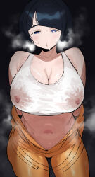 1girl black_background black_hair blue_eyes blunt_bangs breasts cleavage commentary gundam gundam_gquuuuuux highres large_breasts mature_female navel nipples no_sclera okpriko see-through_clothes shiiko_sugai solo steam steaming_body sweat very_sweaty