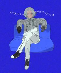 aotsuki_eito black_gloves black_shoes blue_background converse couch crossed_legs full_body glasses gloves grey_hair highres jacket looking_at_viewer male_focus pants purple_eyes shoes short_hair sitting sketch smile spoilers the_hundred_line_-last_defense_academy- white_jacket white_pants wyitsu47083