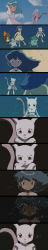 1girl absurdres amber_(pokemon) artist_request bulbasaur bulbasaurtwo charmander charmandertwo dress gen_1_pokemon green_hair highres legendary_pokemon mewtwo nintendo pokemon pokemon_(anime) pokemon_(creature) smile squirtle squirtletwo tagme