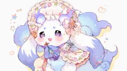 1other :3 alternate_costume animal_ears blush bonnet capelet chibikemo commentary_request flower furry highres himegamik hitodama holding holding_flower lolita_fashion lunlun_(nijisanji) nijisanji open_mouth other_focus purple_eyes solo sweet_lolita tail virtual_youtuber white_fur