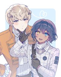 2boys absurdres androgynous black_gloves blue_background blue_eyes blue_hair blush border bright_pupils commentary_request gloves grey_eyes grey_hair hair_between_eyes hand_on_own_hip highres horns lella_nyam male_focus metaphor:_refantazio multiple_boys outside_border protagonist_(metaphor:_refantazio) short_hair standing strohl_(metaphor:_refantazio) white_border white_pupils yellow_eyes