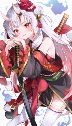 1girl absurdres bare_shoulders detached_sleeves double_bun fang hair_bun highres hololive horns japanese_clothes multicolored_hair nakiri_ayame oni red_eyes red_hair skin-covered_horns smile streaked_hair sword thighhighs twitter_username weapon white_hair white_thighhighs wide_sleeves yagura_(yagura_aaaok)