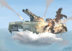 absurdres battle_of_titans cannon explosion highres hozukikasumi mecha naval_guns partially_submerged robot rocket splashing walker_(robot) weapon