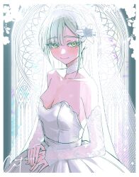 1girl absurdres alternate_costume bang_dream! bang_dream!_it&#039;s_mygo!!!!! bare_shoulders blush border breasts bridal_veil bride chinese_commentary choker cleavage closed_mouth commentary_request cowboy_shot detached_sleeves dress flower green_hair hair_flower hair_ornament highres huaxue_maomi long_hair looking_at_viewer medium_breasts own_hands_together sidelocks signature smile solo strapless strapless_dress veil wakaba_mutsumi wedding_dress white_border white_choker white_dress white_lily