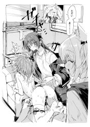 3girls angel animal_ears arknights blush breasts closed_eyes commentary_request controller exusiai_(arknights) exusiai_the_new_covenant_(arknights) fox_ears fox_girl greyscale halo heart highres horns jacket long_hair medium_breasts monochrome mostima_(arknights) multiple_girls na_tarapisu153 no_shoes open_mouth pussy pussy_juice remote_control shirt sora_(arknights) thigh_strap thighhighs translation_request walk-in yuri