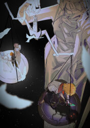 1girl 3boys aqua_(kingdom_hearts) bird blonde_hair checkered_wristband dark darkness dove heisui_(twitter_2566599439) highres holding_scale kingdom_hearts kingdom_hearts_birth_by_sleep looking_down multiple_boys notebook scales shadow statue symbolism terra_(kingdom_hearts) ventus_(kingdom_hearts) walking wristband