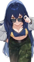Rule 34 | 1girl, bent over, blue hair, blue jacket, blue shirt, breasts, camouflage, camouflage pants, character request, cleavage, crop top, green pants, grin, hair between eyes, highres, indie virtual youtuber, jacket, long hair, long sleeves, looking at viewer, looking over eyewear, medium breasts, midriff, mole, mole on breast, mugripley, navel, orange eyes, pants, raglan sleeves, shirt, simple background, smile, solo, stomach, sunglasses, virtual youtuber, white background