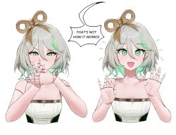Rule 34 | 1girl, absurdres, cecilia immergreen, colored inner hair, cropped torso, detachable thumb, doll joints, green eyes, green hair, grey hair, highres, hololive, hololive english, joints, magic trick, multicolored hair, strapless, tongue, twitter username, virtual youtuber, white background, winding key, you&#039;re doing it wrong, yureikaigan