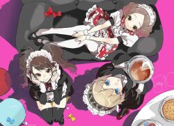 3girls :o aigis_(persona) alternate_costume android apron black_dress black_shoes black_thighhighs blonde_hair blue_eyes bow brown_hair cake couch dated dress elbow_on_leg elbow_on_thigh elbow_rest enmaided food frilled_apron frills from_above full_body hairband hands_on_own_chin hands_on_own_head hands_up head_rest highres holding holding_cake holding_food holding_plate juliet_sleeves kujikawa_rise long_hair long_sleeves looking_at_viewer looking_up maid maid_apron maid_headdress mary_janes metal_hairband multiple_girls okumura_haru on_couch parted_lips persona persona_3 persona_4 persona_5 pie pink_background plate polka_dot polka_dot_dress prsnmea puffy_short_sleeves puffy_sleeves red_bow red_dress robot_girl shoes short_dress short_hair short_sleeves sitting sleeve_cuffs table thighhighs twintails white_apron white_sleeve_cuffs white_thighhighs