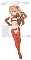 1girl blue_eyes bodysuit breasts character_name chikuwa_fan973 full_body highres long_hair neon_genesis_evangelion outie_navel parted_lips red_hair small_breasts smile solo souryuu_asuka_langley v