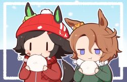 2girls :t animal_ears steamed_bun beanie black_hair blue_eyes blue_sky blush_stickers brown_hair chibi closed_mouth day ears_through_headwear eating food fur-trimmed_jacket fur_trim gomashio_(goma_feet) green_jacket hair_between_eyes hair_ornament hairclip hat holding holding_food horse_ears horse_girl horse_tail jacket jitome multiple_girls narita_taishin_(umamusume) outdoors parted_bangs red_hat red_jacket red_scarf scarf sky snowing swept_bangs tail umamusume upper_body wavy_mouth winning_ticket_(umamusume)