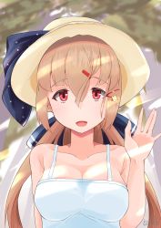 1girl absurdres alternate_breast_size alternate_costume arm_up bare_shoulders black_bow blush bow breasts brown_eyes brown_hair cleavage day dress female_focus hair_between_eyes hair_bow hair_ornament hairclip hat highres kantai_collection komb large_breasts long_hair looking_at_viewer low_twintails open_mouth outdoors sleeveless sleeveless_dress smile solo star_(symbol) sun_hat sundress tashkent_(kancolle) twintails white_dress