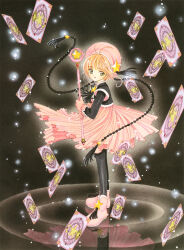 1990s_(style) 1girl absurdres black_background black_pantyhose black_vest boots brown_hair card cardcaptor_sakura child clamp_(circle) dress from_side full_body gloves green_eyes hat highres holding holding_wand hoshi_no_tsue kinomoto_sakura kinomoto_sakura_(final_pink_and_black_costume) light_particles long_sleeves looking_at_viewer magical_girl official_art pantyhose parted_lips pink_boots pink_dress pink_gloves pink_hat pleated_dress reflection retro_artstyle scan short_hair solo standing star_(symbol) vest wand