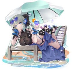 1girl akatsuki_hijiri bare_shoulders beach_umbrella bikini black_sandals blue_eyes breasts cup drinking_glass drinking_straw eyewear_on_head fate/grand_order fate_(series) food fruit full_body heart heart-shaped_eyewear holding holding_cup large_breasts long_hair looking_at_viewer lying morgan_le_fay_(fate) navel on_stomach orange_(fruit) orange_slice parted_lips sandals signature simple_background solo stomach sunglasses swimsuit the_pose umbrella very_long_hair white_background