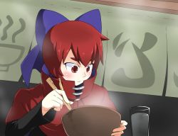 1girl blush bow bowl cape chopsticks cup eating female_focus hair_bow highres long_sleeves looking_down night no_neck red_eyes red_hair sa-mon sekibanki short_eyebrows short_hair sitting solo steam touhou water