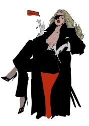 1girl black_coat black_pants black_shoes blonde_hair breasts cigarette cleavage coat commentary_request copyright_name crossed_legs earrings eyepatch full_body gloves high_heels highres holding holding_cigarette jewelry korean_commentary long_coat long_hair looking_at_viewer nu_thebarbiemax open_mouth original pants pearl_earrings shoes simple_background sitting solo white_background white_gloves